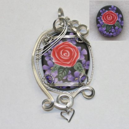 red rose polymer clay sterling silver pendant