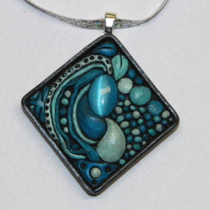Blue Abstract Pokymer Clay Pendant with Silver Bail