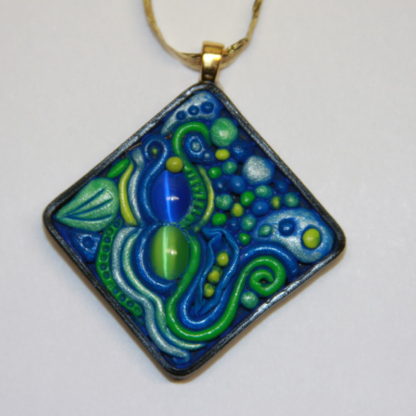 Blue and Green Cat Eye Abstract Polymer Clay Cabochon Gold Bail