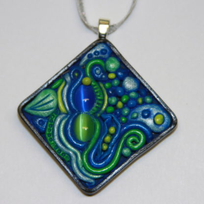 Blue and Green Cat Eye Abstract Polymer Clay Pendant Silver Bail