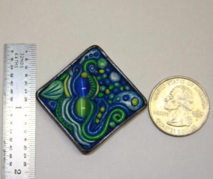 Blue and Green Cat Eye Abstract Polymer Clay Pendant with ruler