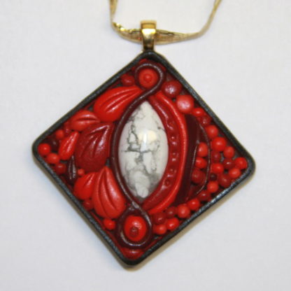 White Howlite on Red Abstract Polymer Clay Pendant Gold Bail