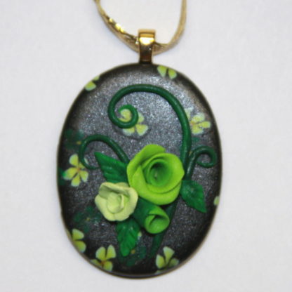 Green Roses on Black Cabochon with Gold Bail