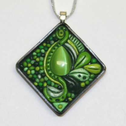 Lime Green Cat Eye Abstract Polymer Clay Cabochon Silver Bail