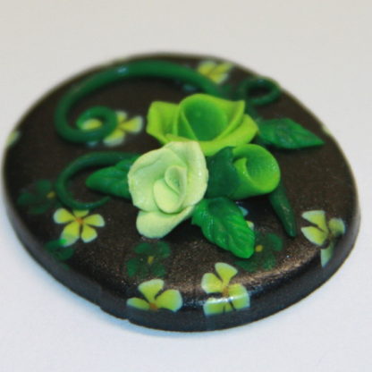 Green Roses on Black Polymer Clay Cabochon