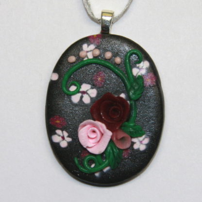 Pink Crimson Roses on Black Cabochon Silver Bail