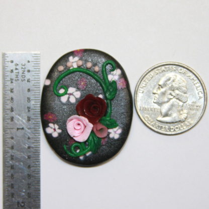 Pink Crimson Roses on Black Cabochon With Ruler