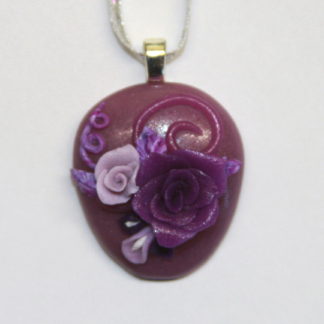 Lavender Cabochon Purple Roses Polymer Clay Pendant Silver Bail