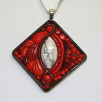 White Howlite on Red Abstract Polymer Clay Pendant Silver Bail