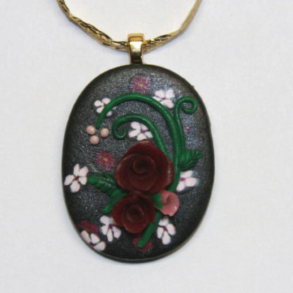 Crimson Roses Pink Flowers on Black Clay Pendant Gold Bail