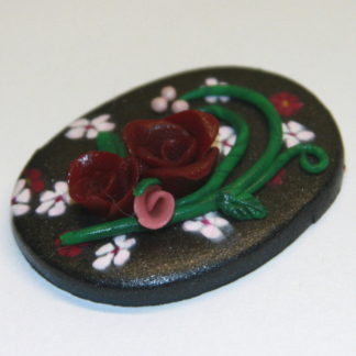 Crimson Roses Pink Flowers on Black Clay Pendant