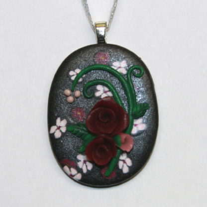 Crimson Roses Pink Flowers on Black Clay Cabochon Silver Bail