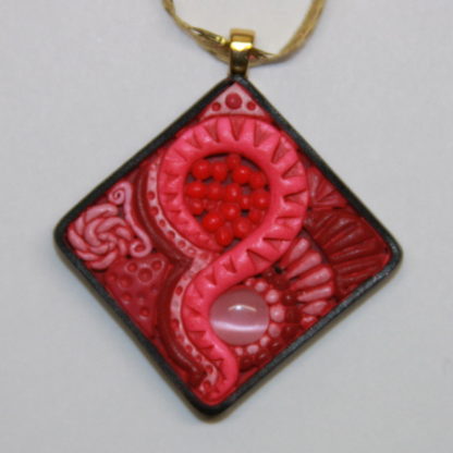 Hot Pink Abstract Cat Eye Polymer Clay Pendant with Gold Bail