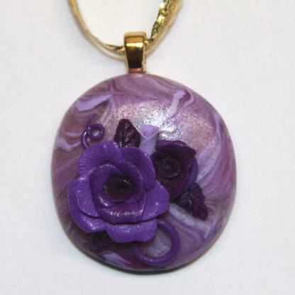 Purple Roses on Purple Marbled Cabochon Gold Bail