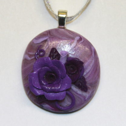 Purple Roses on Purple Marbled Cabochon Silver Bail