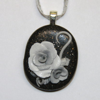 Grey Roses on Black Cabochon with Silver Bail