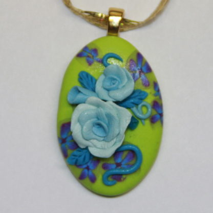 Baby Blue Roses on Lime Green Cabochon Gold Bail