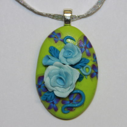 Baby Blue Roses on Lime Green Cabochon Silver Bail
