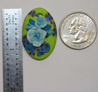 Baby Blue Roses on Lime Green Cabochon with ruler