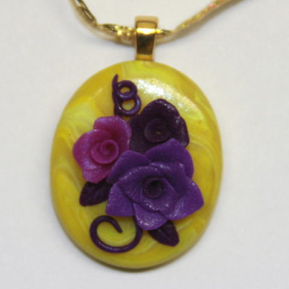 Purple Roses on Yellow Cabochon with Gold Bail