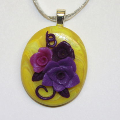 Purple Roses on Yellow Cabochon with Silver Bail