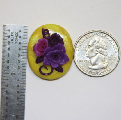 Purple Roses on Yellow Cabochon with ruler