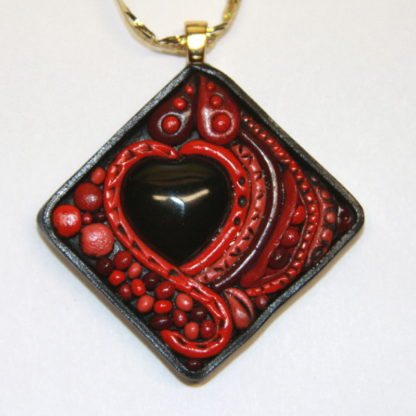 Black Onyx Heart red abstract polymer clay Cabochon Gold Bail