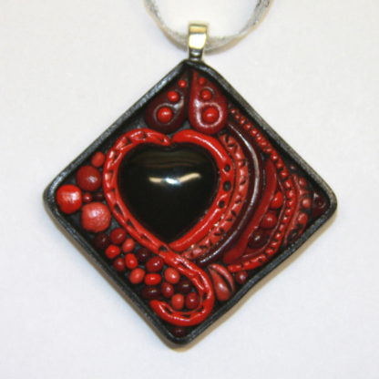 Black Onyx Heart red abstract polymer clay cabochon Silver Bail