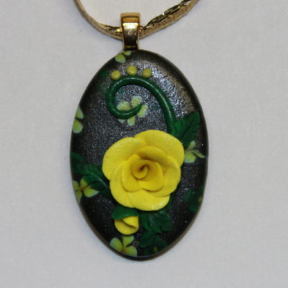 Yellow Rose and Flowers on Black Cabochon Gold Bail