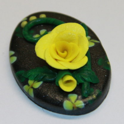 Yellow Rose and Flowers on Black Polymer Clay Pendant