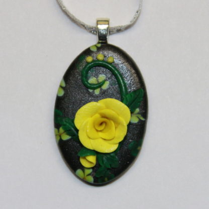 Yellow Rose and Flowers on Black Cabochon Silver Bail