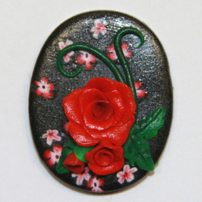 Red Roses and Flowers on Black Polymer Clay Cabochon