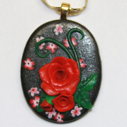 Red Roses and Flowers on Black Cabochon with Gold Bail