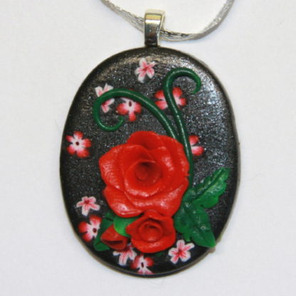 Red RosesFlowers on Black Cabochon with Silver Bail