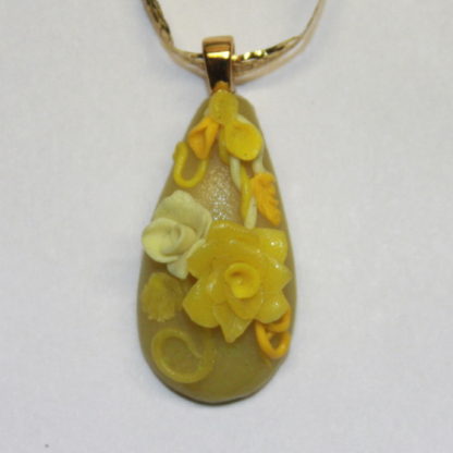 Yellow Roses and flowers on Yellow Teardrop Pendant with Gold bail
