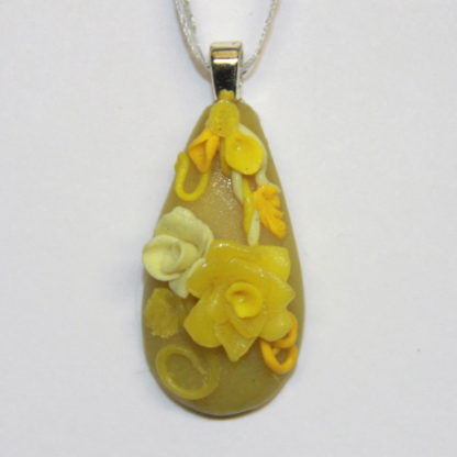 Yellow Roses and flowers on Yellow Teardrop Pendant with Silver bail