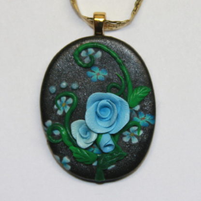 Blue Roses Flowers on Black Polymer Clay Gold Bail