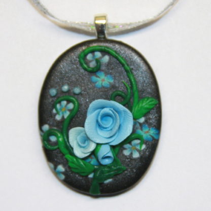 Blue Roses Flowers on Black Polymer Clay Silver Bail