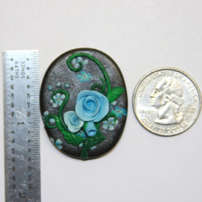 Blue Roses Flowers on Black Polymer Clay with ruler