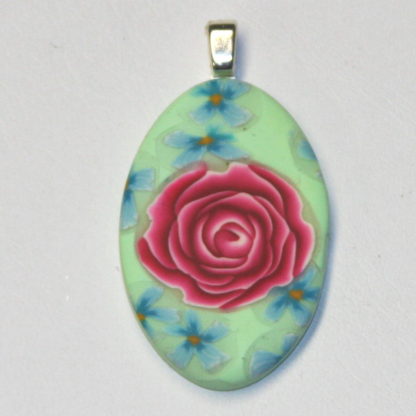 Pink Rose Mint Green Pendant Silver Bail