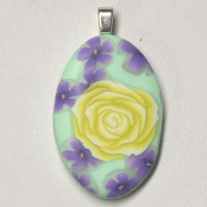 Yellow Rose Lavender Flowers Mint Green Cabochon Silver Bail