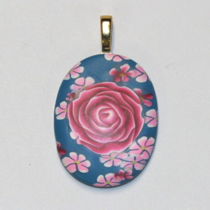 Dark Pink Rose on Turquoise Polymer Clay Pendant Silver Bail
