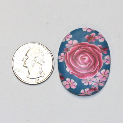 Dark Pink Rose on Turquoise Polymer Clay Cabochon Size